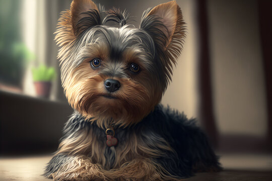 AI Generated Yorkshire Terrier at home, cute dog portrait. Adorable brown Yorkie generative illustration.