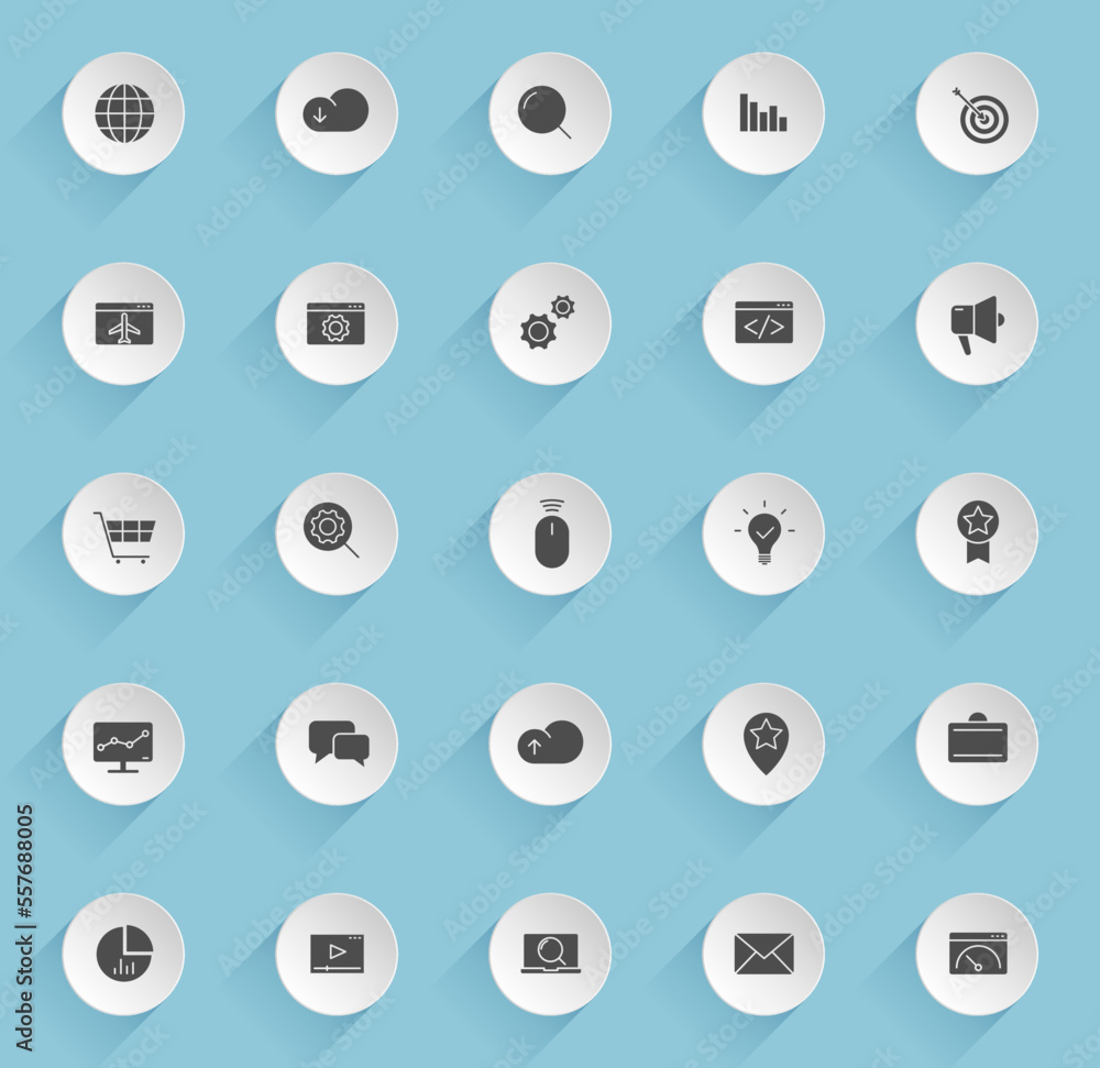 Poster seo vector icons on round puffy paper circles with transparent shadows on blue background. seo stock