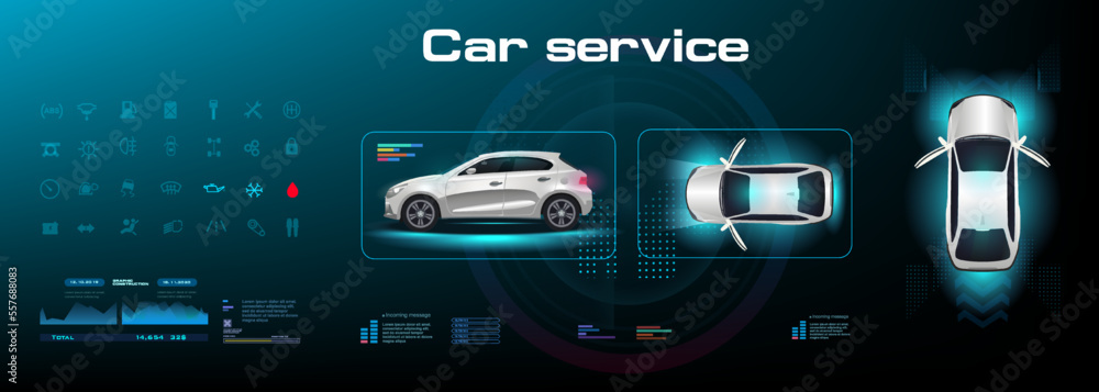 Poster autonomous vehicle control system. car with parameters and characteristics on holographic digital pa