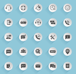 support vector icons on round puffy paper circles with transparent shadows on blue background. support stock vector icons for web, mobile and user interface design