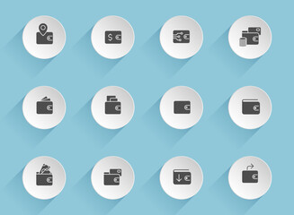 wallet vector icons on round puffy paper circles with transparent shadows on blue background. wallet stock vector icons for web, mobile and user interface design