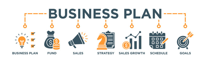 Business plan banner web icon vector illustration concept with icon of innovation, assets, marketing, strategy, sales growth, schedule, and objective