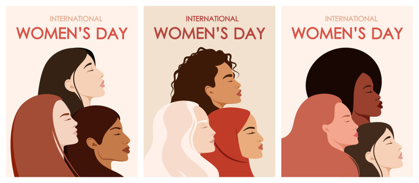 International Women's Day. A set of greeting cards with beautiful women.
