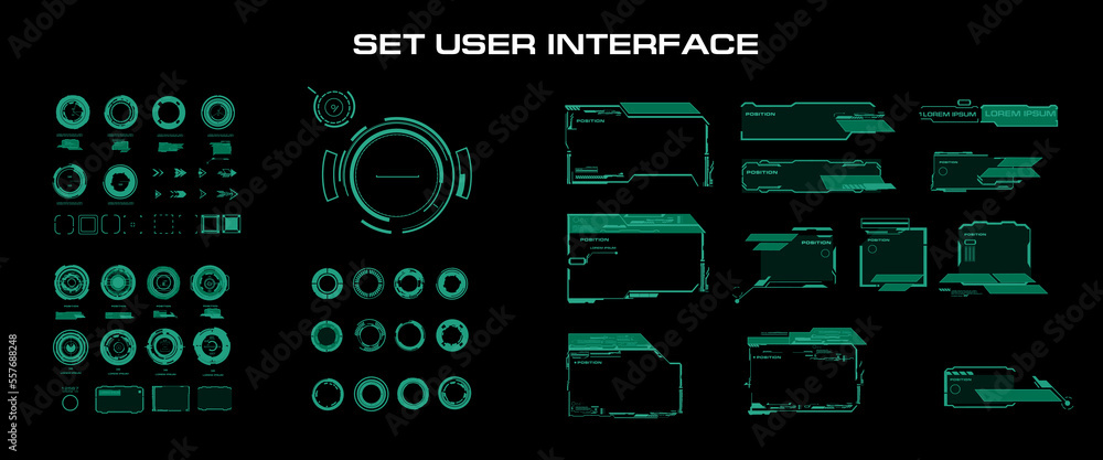 Fototapete Big set green vector elements for graphical user interface. Dialog frames with callouts, circles and titles for modern screens or video games. Modern digital HUD user interface
