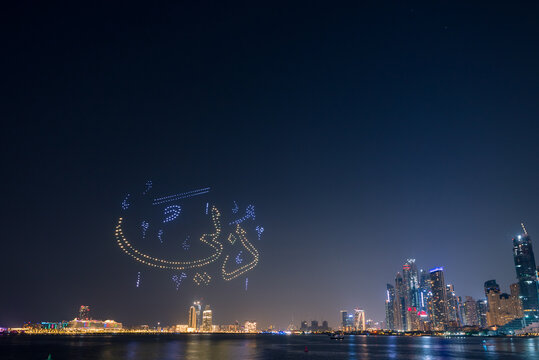Drone show between Jumeirah beach and blue water al ain wheel promoting Dubai Shopping Festival.