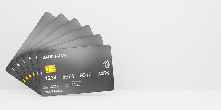 Black Banks Cards With Free Space For Text, Multiple Plastic Credit Cards Isolated On White Background, Latest Business And Finance Concept, 3D Rendered