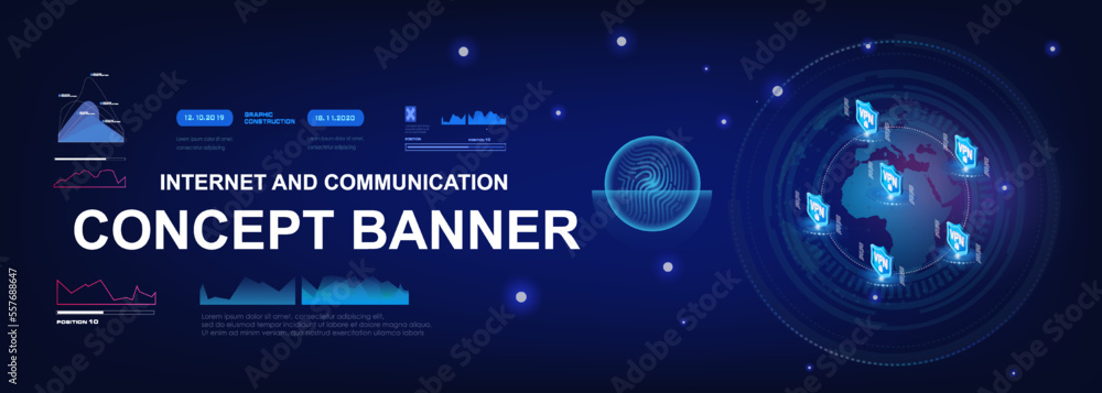 Poster futuristic it banner. cyberphone with next generation internet. unique internet network 3.0. world c