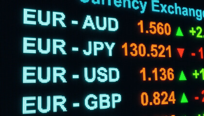 Close-up stock exchange screen with different currency  pairs land percentage price changes. Currency trading, Euro, US dollar, British pound, business and investment concept. 3D illustration