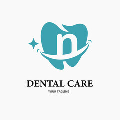 Initial Letter n with Tooth and Smile Icon for Dental Health Care and Dental Clinic, Dentistry Business Logo Idea Template