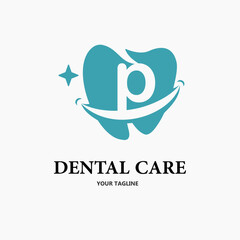 Initial Letter p with Tooth and Smile Icon for Dental Health Care and Dental Clinic, Dentistry Business Logo Idea Template