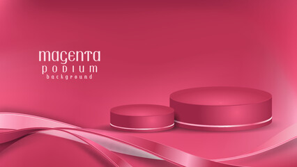 Luxury 3d podium background in magenta color concept with ribbon decoration