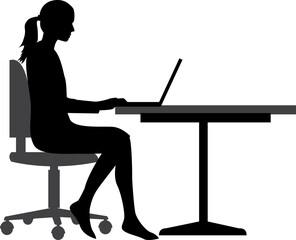 Silhouette of a woman working on laptop. Vector illustration. 