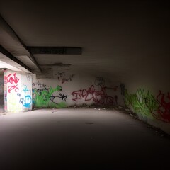 A spooky empty underpass filled with graffiti and garbage. 