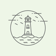 badge light house icon symbol logo design minimalist wave