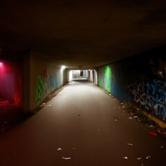 A spooky empty underpass filled with graffiti and garbage. 