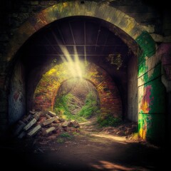 A spooky empty underpass filled with graffiti and garbage. 