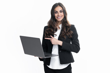 Portrait of positive cheerful ceo expert business woman work at laptop isolated over gray background. Secretary with laptop, studio portrait.