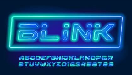 Blink alphabet font. Futuristic neon letters and numbers. Stock vector typeface for your design.