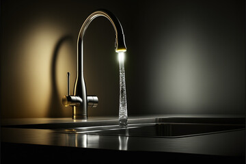 kitchen tap with water flowing out - obrazy, fototapety, plakaty