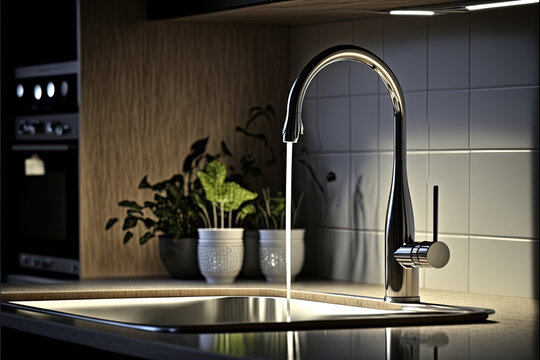 kitchen tap with water flowing out