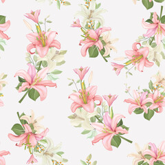 Fototapeta na wymiar lily floral and leaves seamless pattern