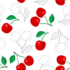 Seamless pattern made of drawings of red cherries with green leaves. You can easily change the background color.
