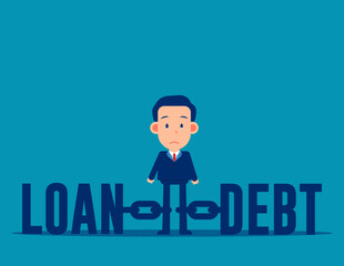 Business person tied on fetter between loan and debt. Business cartoon vector illustration