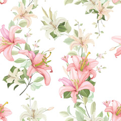 lily floral and leaves seamless pattern