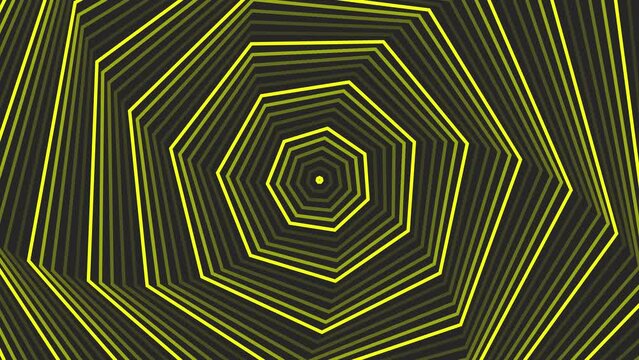 Yellow spin heptagon star simple flat geometric on dark grey black background loop. Starry heptagonal spinning radio waves endless creative animation. 