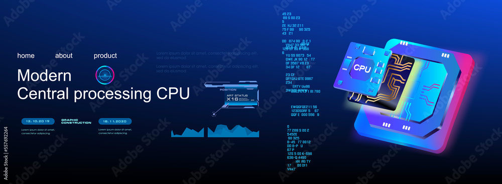 Poster presentation new generation processor. microchip on futuristic techno background. modern digital mic