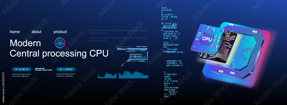 Poster presentation new generation processor. microchip on futuristic techno background. modern digital mic