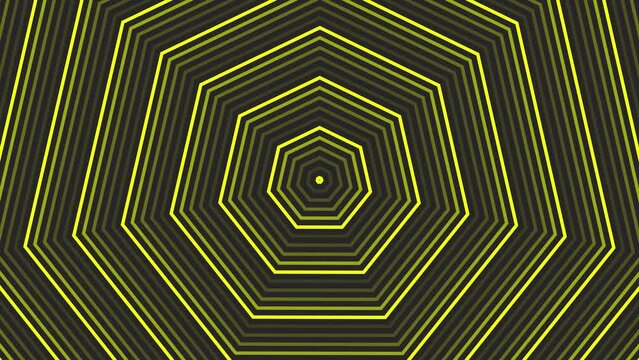 Yellow heptagon star simple flat geometric on dark grey black background loop. Starry heptagonal radio waves endless creative animation. 