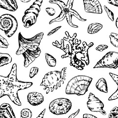 Abstract sea ornament. Sketches of starfishes, shells, stones, seaweed, coral. Vector seamless pattern of underwater life. Retro outline style design.