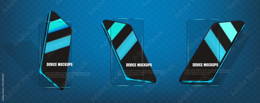 Aufkleber presentation new smartphone with glossy black screen and glare. mobile phone tilted from different s