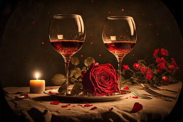 Glass of wine with rose for romantic atmosphere
