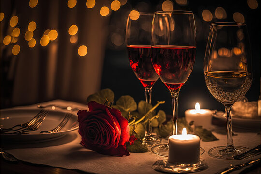 Glass of wine with rose for romantic atmosphere