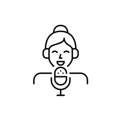 Girl in headphones with microphone recording a song. Pixel perfect, editable stroke icon