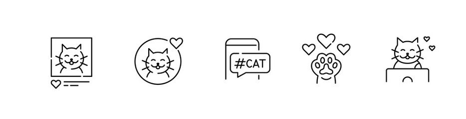 5 cat blogger icons. Pet social media presence. Pixel perfect, editable stroke design