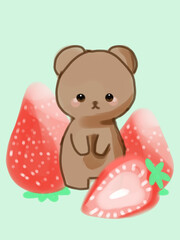 cartoon bear image with strawberry blue sky background