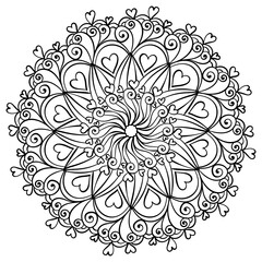 Ornate abstract mandala with swirls and hearts for Valentine's Day