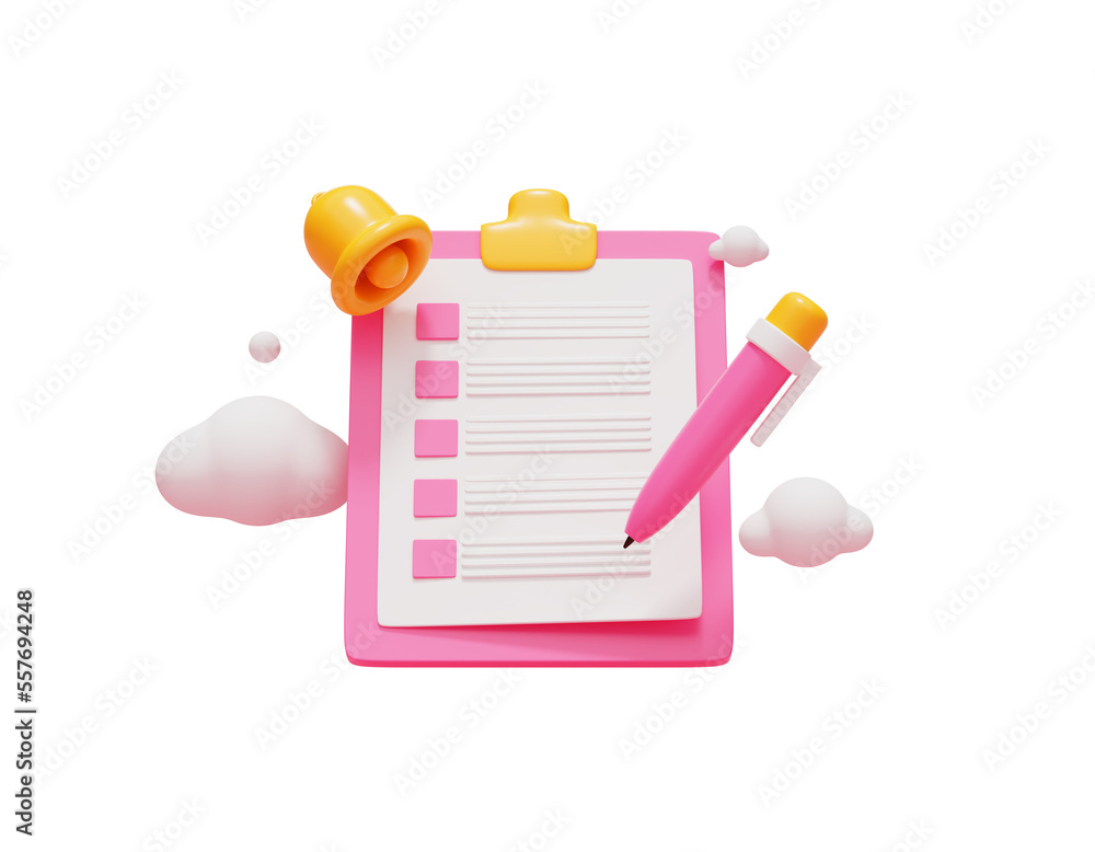 Poster survey with check mark on clipboard checklist report application pencil web icon 3d illustration