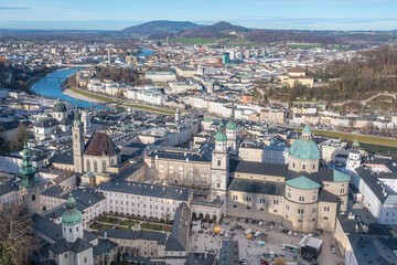 The old town of Salzburg from the Hohensalzburg Fortress and the Cathedral