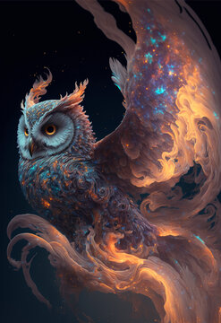 owl on the frontal background, realistic svoah on a black background, owl in the dark
, fractal background