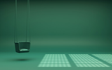 Monochrome green interior. Hanging swing and light through the blinds. 3D visualization