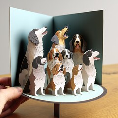 Pop-up cards choir of dogs, created with Generative AI technology