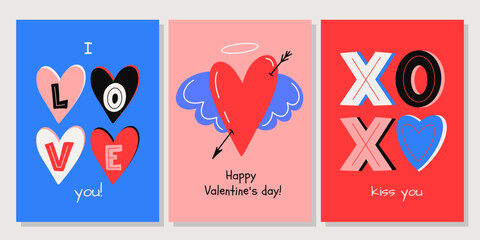 Valentine's Day greeting card set. Hand drawn trendy cartoon heart, love lettering. Vector illustration	