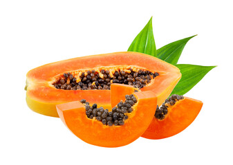 ripe papaya slices with leaf isolated on  transparent png