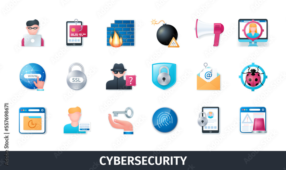 Poster cybersecurity 3d vector icon set. firewall, security, backup, password, data protection, internet, h