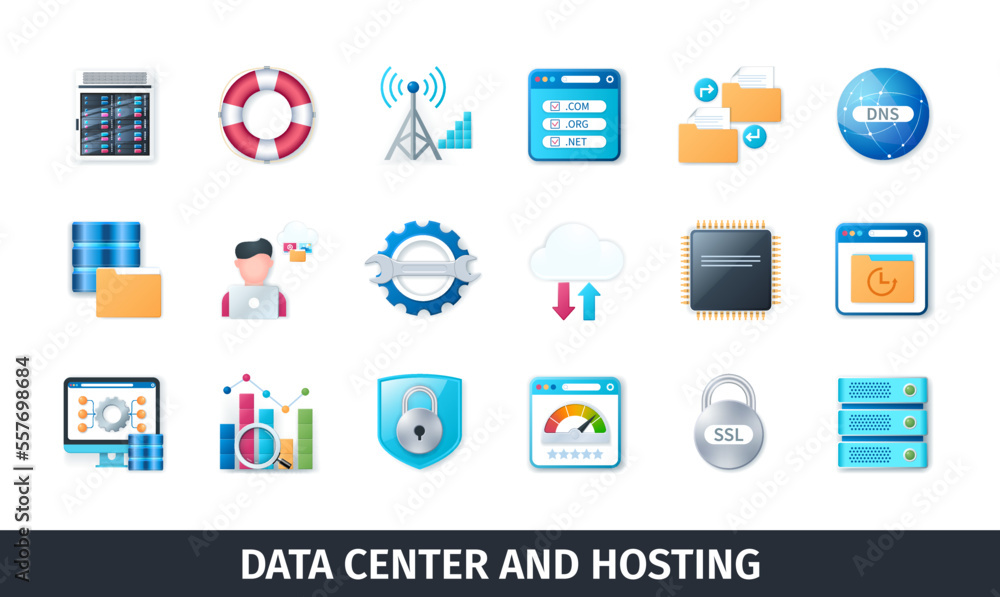 Poster data center and hosting 3d vector icon set. data, analysis, documents, file, server, statistics, dom