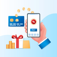 Cash back service banner. Mobile phone with pay button on the screen. Credit card, coin and gift box icons. Web vector illustration in 3D style